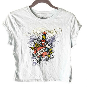 Ed Hardy Top Women's XL Dagger Heart Cap Sleeve Cropped Babydoll Fitted Y2K